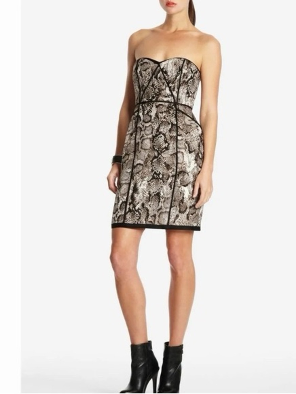 BCBGMaxAzria Strapless Snake-Print Cocktail Dress in Gray and Cream